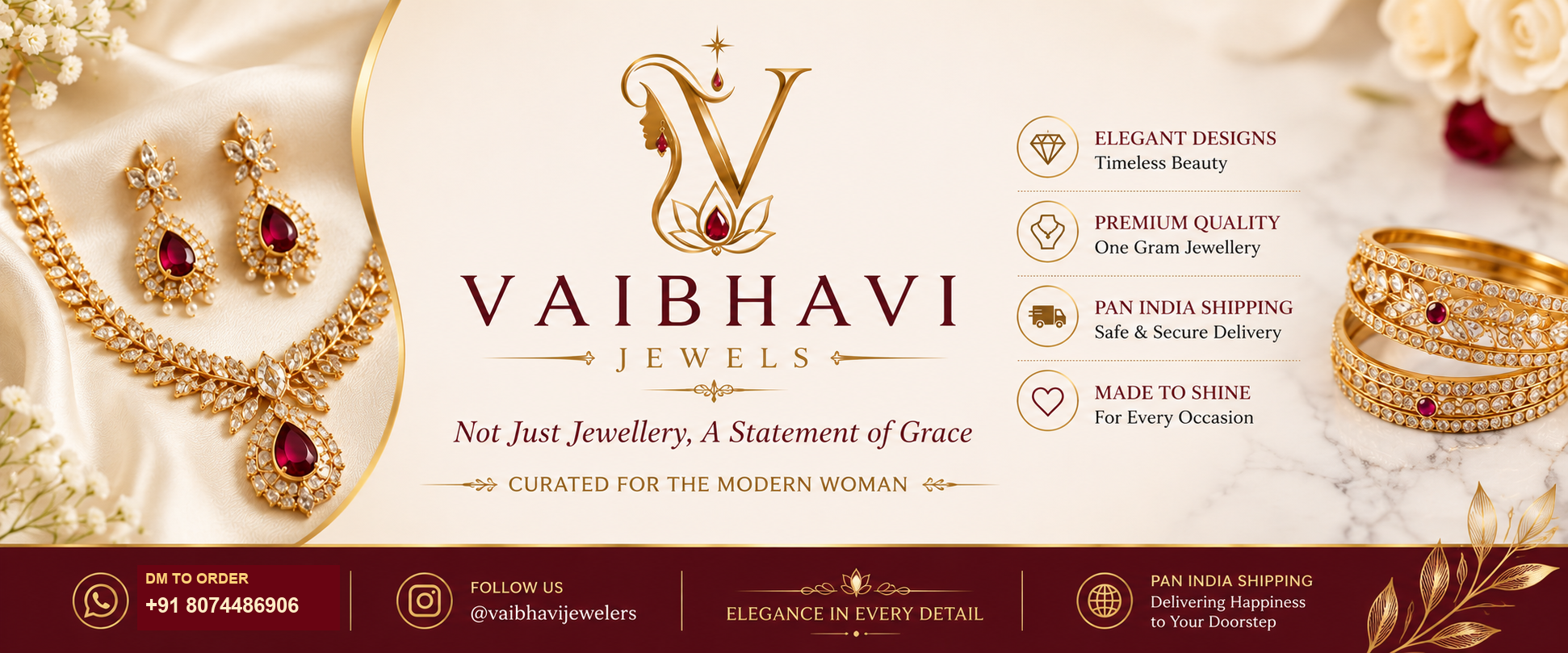 Vaibhavi Jewels banner with jewellery, logo, and brand highlights